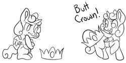 Size: 725x363 | Tagged: safe, artist:srsishere, princess skyla, alicorn, pony, butt crown, crown, looking back, monochrome, open mouth, raised eyebrow, raised hoof, raised leg, silly, sitting, smiling, tumblr