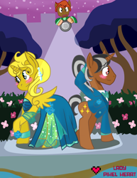 Size: 1280x1656 | Tagged: safe, artist:ladypixelheart, derpibooru import, oc, oc only, oc:color boom, oc:star sparkler, oc:ticket, alicorn, pony, alicorn oc, blushing, clothes, dancing, dress, female, male, ponytail, shy, spotlight, straight, suit, ticketsparkler