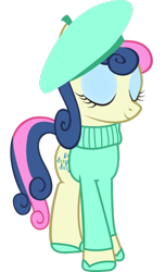 Size: 698x1145 | Tagged: safe, artist:cool77778, bon bon, sweetie drops, earth pony, pony, beret, clothes, cutie mark, eyes closed, female, hat, hooves, mare, simple background, smiling, solo, sweater, white background