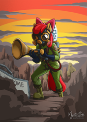 Size: 955x1351 | Tagged: safe, artist:mysticalpha, apple bloom, anthro, plantigrade anthro, gas mask, mask, pest control gear, solo, twitbuster apple bloom, twittermite