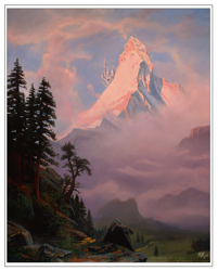 Size: 900x1120 | Tagged: safe, artist:cosmicunicorn, derpibooru import, canterlot, canterlot mountain, fine art emulation, fine art parody, matterhorn, oil painting, peak, pine tree, scenery, sunrise on the matterhorn, traditional art, tree