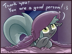 Size: 1600x1200 | Tagged: safe, artist:az-pekt, derpibooru import, oc, oc only, oc:grey mouse, bat pony, pony, :3, ask grey mouse, bed, female, mare, solo, talking to viewer, underhoof