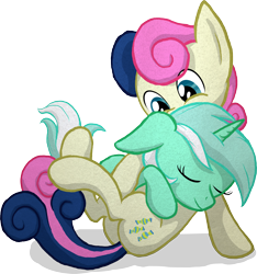 Size: 1000x1069 | Tagged: safe, artist:mnmk, derpibooru import, bon bon, lyra heartstrings, sweetie drops, earth pony, pony, unicorn, adorabon, cute, eyes closed, female, hug, lesbian, lyrabetes, lyrabon, shipping, simple background, smiling, transparent background