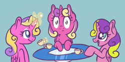 Size: 606x301 | Tagged: safe, artist:srsishere, derpibooru import, princess skyla, alicorn, pony, filly, princess skyla replies, self ponidox, table, tea party, tumblr