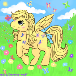 Size: 400x400 | Tagged: safe, artist:foxtribe, derpibooru import, dancing butterflies, butterfly, pegasus, pony, g1, bow, flower, oekaki, solo, tail bow, twice as fancy ponies