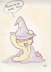 Size: 509x725 | Tagged: safe, artist:slightlyshade, derpibooru import, apple bloom, belly button, cape, clothes, happy, hat, solo, the great and powerful, traditional art