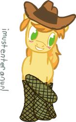 Size: 427x686 | Tagged: safe, artist:imustenteranurl, derpibooru import, braeburn, 30 minute art challenge, blushing, clothes, stockings