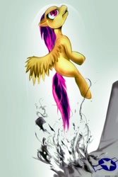 Size: 1000x1500 | Tagged: safe, artist:darkdoomer, scootaloo, pegasus, female, filly, flying, orange coat, purple mane, solo