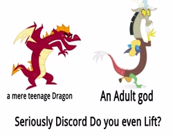 Size: 5000x4000 | Tagged: safe, derpibooru import, discord, garble, dragon, absurd resolution, comparison, do you even lift, meme, text