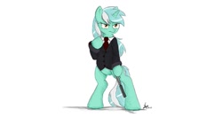 Size: 1225x651 | Tagged: safe, derpibooru import, lyra heartstrings, pony, bipedal, clothes, gun, pistol, solo, standing, suit, weapon