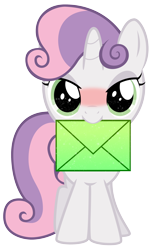 Size: 1600x2617 | Tagged: safe, artist:purezparity, derpibooru import, sweetie belle, pony, unicorn, blushing, crush, female, filly, letter, mouth hold, simple background, solo, transparent background, vector