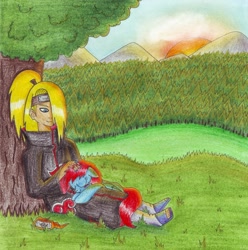 Size: 3208x3230 | Tagged: safe, artist:speedfeather, derpibooru import, oc, human, crossover, deidara, naruto, traditional art