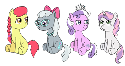 Size: 1524x805 | Tagged: safe, artist:merkleythedrunken, derpibooru import, apple bloom, diamond tiara, silver spoon, sweetie belle, accessory swap, alternate hairstyle, mane swap