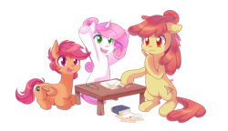 Size: 900x520 | Tagged: safe, artist:pekou, derpibooru import, apple bloom, scootaloo, sweetie belle, alternate hairstyle, book, cutie mark crusaders, hair bun, hammer, older, pencil, table