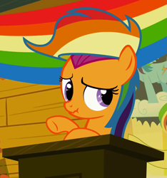 Size: 675x720 | Tagged: safe, screencap, scootaloo, the mysterious mare do well, cropped, rainbow wig, scrunchy face, solo