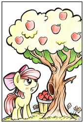 Size: 430x629 | Tagged: safe, artist:uglyapple, derpibooru import, apple bloom, apple, solo, tree