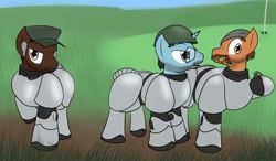 Size: 1280x749 | Tagged: safe, artist:the-furry-railfan, earth pony, pony, unicorn, fallout equestria, battlefield bad company, clothes, glasses, golf course, grenade, ponified, power armor, steel ranger, steel rangers