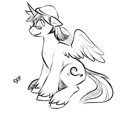 Size: 937x883 | Tagged: safe, artist:chocoscotch, artist:kure, derpibooru import, oc, oc only, alicorn, pony, alicorn oc, glasses, hat, male, monochrome, sketch, solo, stallion