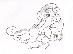 Size: 1829x1349 | Tagged: safe, artist:shoeunit, derpibooru import, spike, sweetie belle, dragon, carrying, female, lineart, male, monochrome, piggyback ride, shipping, spikebelle, straight