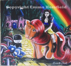 Size: 2697x2520 | Tagged: safe, artist:emmahorsfield, derpibooru import, gypsy (g1), human, g1, care bears, crossover, dream castle, fred the flour grader, rainbow, riding, snow white, the wizard of oz, toadstool, traditional art, yellow brick road