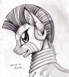 Size: 900x1006 | Tagged: safe, artist:inuhoshi-to-darkpen, derpibooru import, zecora, zebra, monochrome, solo, text, traditional art