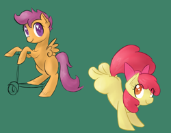Size: 900x700 | Tagged: safe, artist:rastaquouere69, derpibooru import, apple bloom, scootaloo, earth pony, apple bloom's bow, female, filly, hair bow, red mane, yellow coat