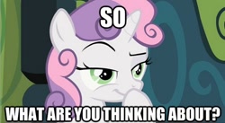 Size: 562x307 | Tagged: safe, sweetie belle, pony, unicorn, caption, female, filly, solo, thinking