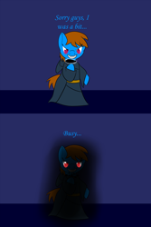 Size: 1024x1536 | Tagged: safe, derpibooru import, oc, oc only, oc:sunnyside, pony, bipedal, blue background, clothes, colored pupils, comic, dark souls, filly, robe, simple background, solo