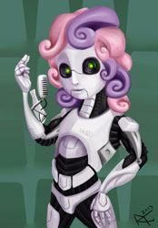 Size: 2313x3330 | Tagged: safe, artist:my-little-veteran, derpibooru import, sweetie belle, sweetie bot, human, robot, android, female, gynoid, humanized, solo