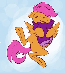 Size: 1349x1519 | Tagged: safe, artist:linnyillustrates, derpibooru import, scootaloo, pegasus, pony, cheek fluff, clothes, cute, cutealoo, eyes closed, featureless crotch, female, filly, floppy ears, on back, scarf, solo