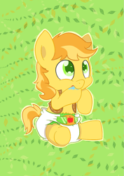 Size: 883x1248 | Tagged: safe, artist:artiecanvas, derpibooru import, braeburn, pony, baby, baby pony, braeby, cutie mark diapers, diaper, foal, poofy diaper, solo