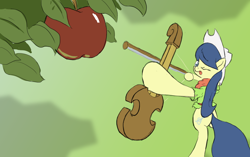 Size: 1280x804 | Tagged: safe, artist:fiddlearts, fiddlesticks, apple, apple family member, archery, bow (instrument), fiddle, fiddlesticks-answers, tree