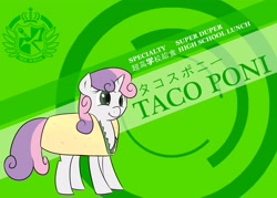 Size: 2780x1989 | Tagged: safe, artist:outcast010, derpibooru import, sweetie belle, clothes, costume, danganronpa, parody, pony as food, solo, taco belle, taco suit