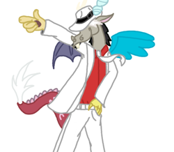 Size: 550x480 | Tagged: safe, artist:fairiedragon999, derpibooru import, discord, clothes, dancing, hat, michael jackson, solo, suit