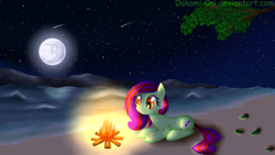 Size: 2560x1440 | Tagged: safe, artist:0okami-0ni, derpibooru import, oc, oc only, beach, bonfire, fire, moon, night, ocean, stars