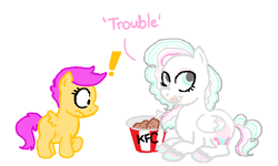 Size: 758x455 | Tagged: safe, scootaloo, oc, chicken, fairy, kfc, scootachicken, simple background