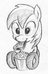 Size: 656x1000 | Tagged: safe, artist:php87, derpibooru import, oc, oc only, oc:wheely bopper, grayscale, monochrome, mouth hold, popcorn, remote, sketch, solo