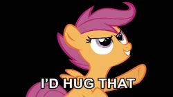 Size: 1136x640 | Tagged: safe, derpibooru import, scootaloo, image macro, implied hugging, reaction image