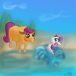 Size: 2000x2000 | Tagged: safe, artist:deathpwny, derpibooru import, scootaloo, sweetie belle, buffalo, sea pony, buffaloo, kallisti, seapony sweetie belle, species swap