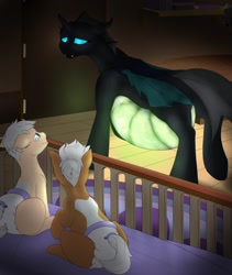 Size: 1081x1280 | Tagged: safe, artist:m-p-l, oc, oc only, changeling, nymph, bed, belly, cute, diaper, family, fetus, foal, glow, glowing belly, pregnant, solo, story included, transparent flesh