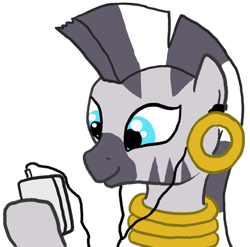 Size: 445x439 | Tagged: safe, artist:paper-pony, derpibooru import, zecora, zebra, earbuds, mp3 player, solo