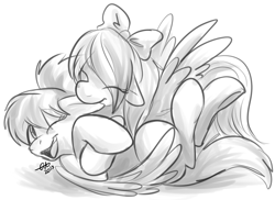 Size: 710x518 | Tagged: safe, artist:fizzy-dog, cloudchaser, flitter, pegasus, pony, biting, bow, duo, duo female, ear bite, eyes closed, female, floppy ears, fluffy, grayscale, hair bow, happy, hooves, mare, monochrome, nibbling, one eye closed, open mouth, spread wings, wings