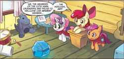 Size: 674x324 | Tagged: safe, derpibooru import, idw, apple bloom, scootaloo, sweetie belle, spoiler:comic, imp the mimicker, mimicker