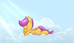 Size: 703x416 | Tagged: safe, artist:mrsremi, scootaloo, pegasus, pony, blank flank, cloud, cloudy, crepuscular rays, cute, cutealoo, eyes closed, female, filly, nap, sky, sleeping, solo