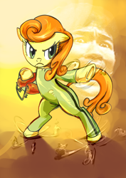 Size: 2893x4092 | Tagged: safe, artist:gashiboka, carrot top, golden harvest, pony, bipedal, bruce lee, carrot, clothes, name joke, nunchucks, weapon