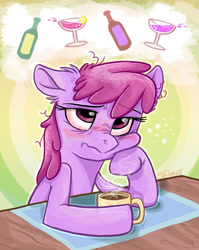 Size: 913x1145 | Tagged: safe, artist:graystripe64, derpibooru import, berry punch, berryshine, coffee, hangover, messy mane, solo