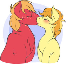 Size: 552x540 | Tagged: safe, artist:legalese, derpibooru import, big macintosh, braeburn, earth pony, pony, blushing, braemac, cousins, gay, incest, kissing, male, shipping, stallion