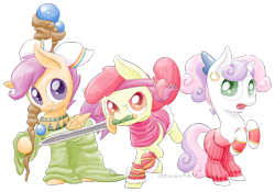 Size: 1024x716 | Tagged: safe, artist:taritoons, derpibooru import, apple bloom, scootaloo, sweetie belle, pony, bandana, bipedal, clothes, crossover, cutie mark crusaders, earring, glare, grin, kallisti, mouth hold, raised hoof, rearing, robes, scarf, secret of mana, smiling, staff, sword, weapon