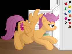 Size: 3600x2700 | Tagged: safe, artist:xniclord789x, derpibooru import, scootaloo, food, high res, jar, momma scoots, older, pickle, pickle jar, pregnant, pregnant scootaloo, refrigerator, solo