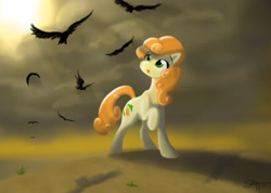 Size: 1024x731 | Tagged: safe, artist:bluefeathercat, carrot top, golden harvest, bird, crow, earth pony, pony, :o, cloud, cloudy, crepuscular rays, female, looking up, mare, open mouth, raised hoof, solo, sun, wasteland